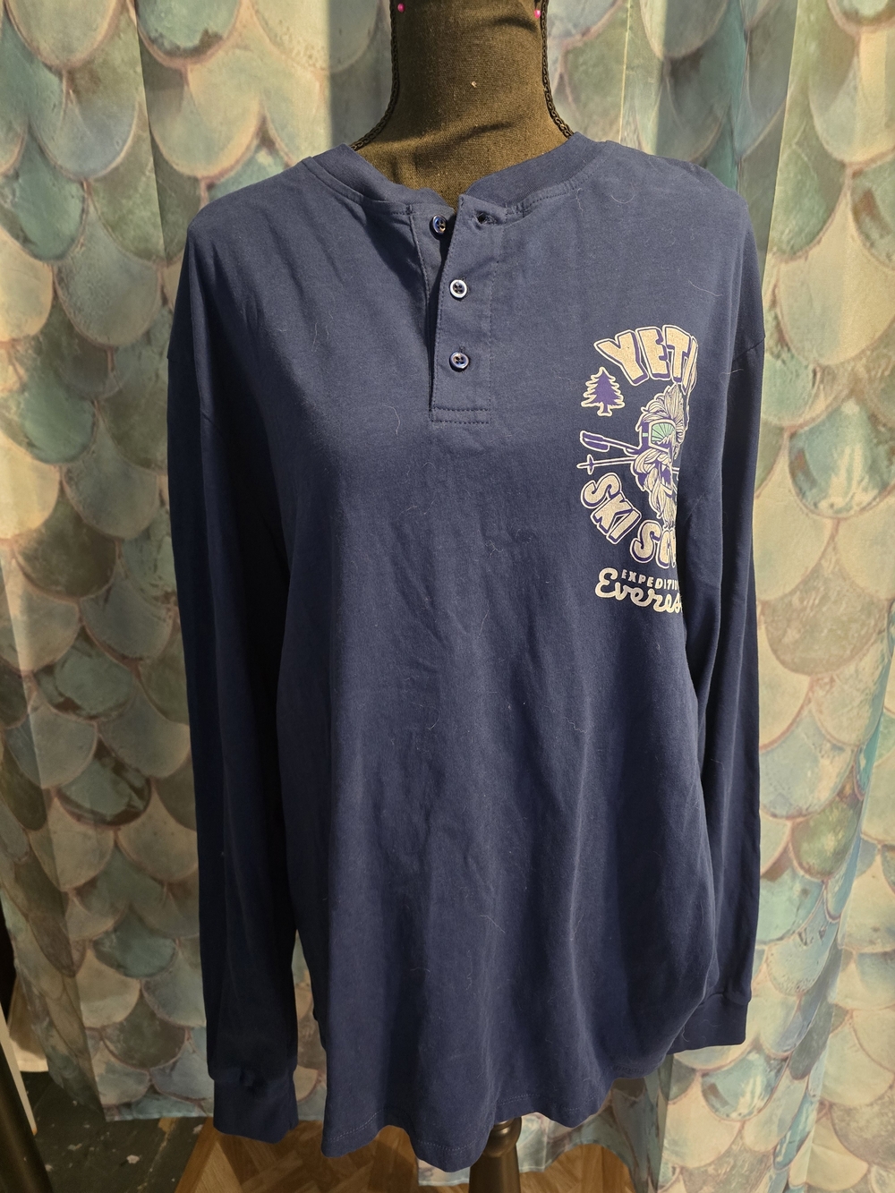 Disney Men's Navy Long Sleeve Henley with Ski Graphic